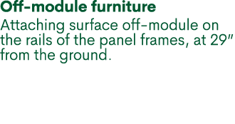 Off module furniture Attaching surface off module on the rails of the panel frames, at 29” from the ground.